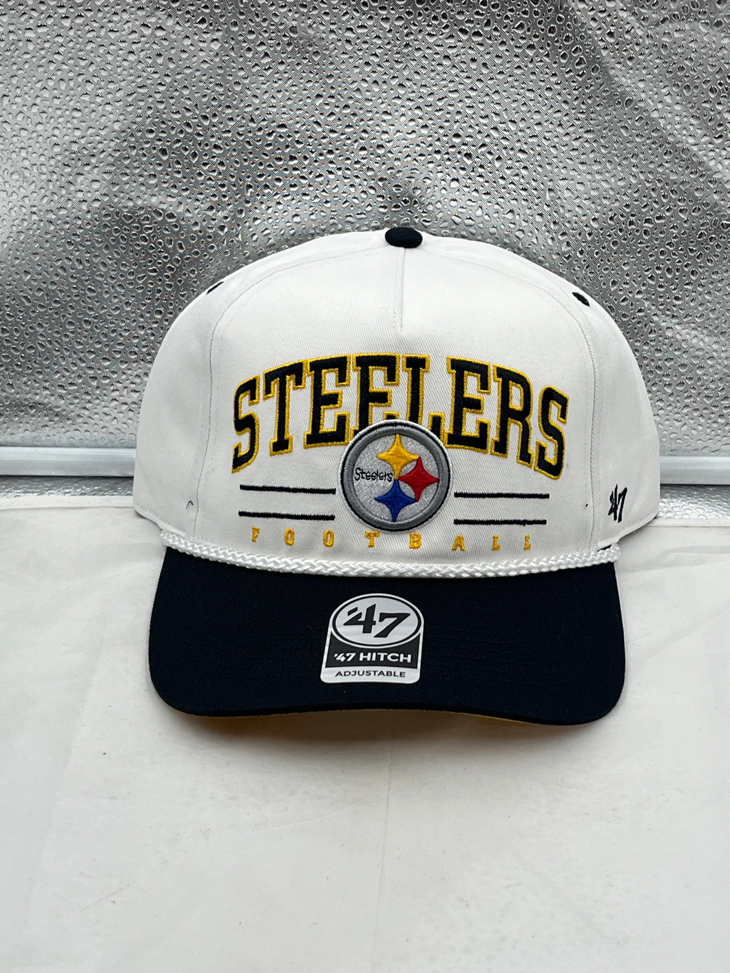 Pittsburgh Steelers NFL '47 White TT Roscoe Hitch Rope Snapback Adjustable Hat showcasing the iconic Steelers logo and trendy design.