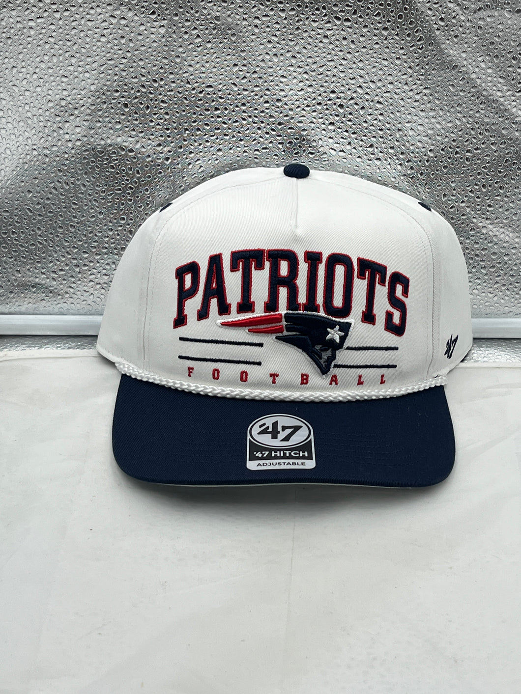 New England Patriots NFL '47 White TT Roscoe Hitch Rope Snapback Adjustable Hat front view showcasing the iconic team logo and stylish design.