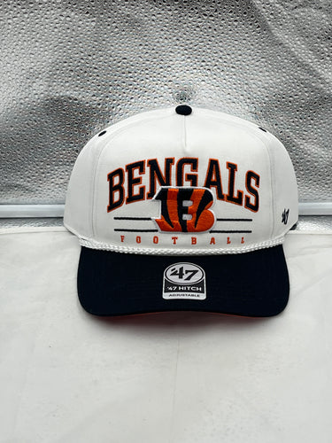 Cincinnati Bengals NFL '47 White TT Roscoe Hitch Rope Snapback Adjustable Hat showcasing the iconic Bengals logo and stylish rope detail.