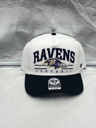 Baltimore Ravens NFL '47 White TT Roscoe Hitch Rope Snapback Adjustable Hat displayed from the front side with iconic Ravens logo.