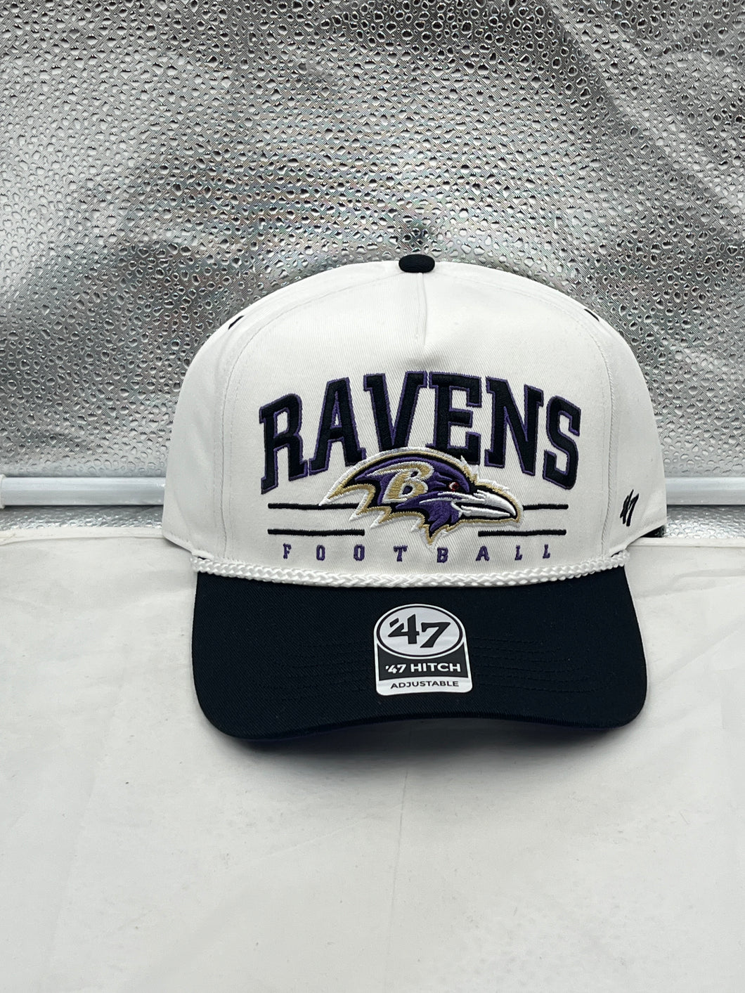 Baltimore Ravens NFL '47 White TT Roscoe Hitch Rope Snapback Adjustable Hat displayed from the front side with iconic Ravens logo.