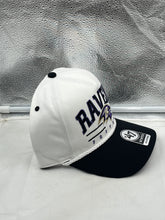 Load image into Gallery viewer, Baltimore Ravens NFL &#39;47 White TT Roscoe Hitch Rope Snapback Adjustable Hat showcasing its stylish design with the iconic Ravens logo and rope detailing on the brim.
