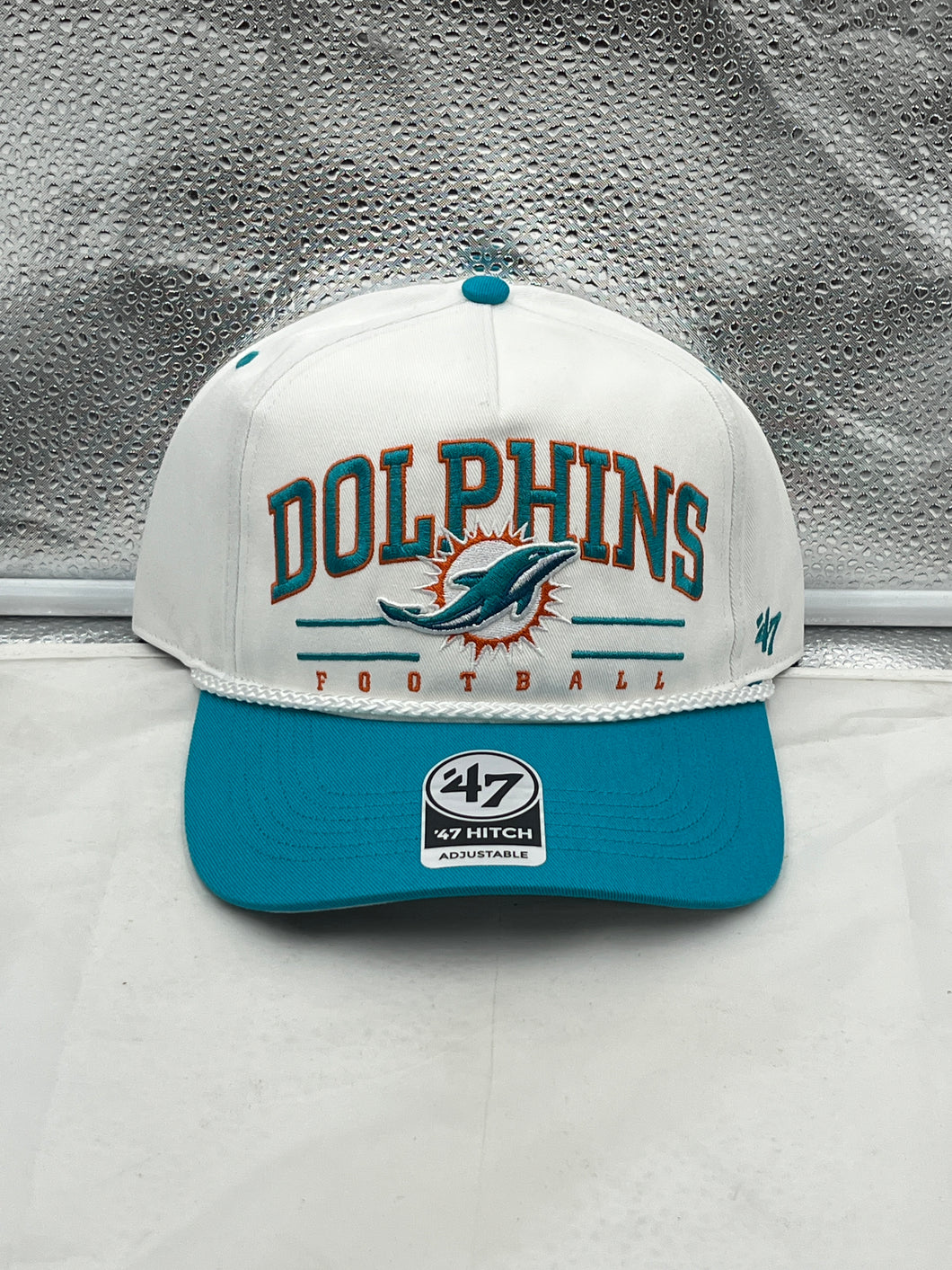 Miami Dolphins NFL '47 White TT Roscoe Hitch Rope Snapback Adjustable Hat front view showcasing the team logo and stylish design.