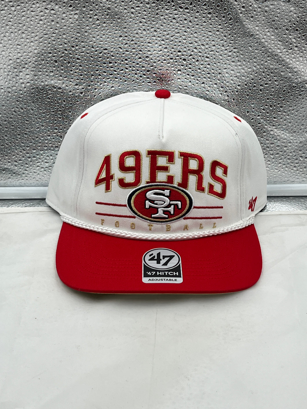 San Francisco 49ers NFL '47 White TT Roscoe Hitch Rope Snapback Adjustable Hat showcasing a bold design with the iconic team logo and retro rope detail.