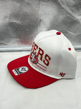 Load image into Gallery viewer, Close-up view of the adjustable snapback feature of the San Francisco 49ers NFL &#39;47 White TT Roscoe Hitch Rope Snapback Adjustable Hat, highlighting its comfortable fit for fans.
