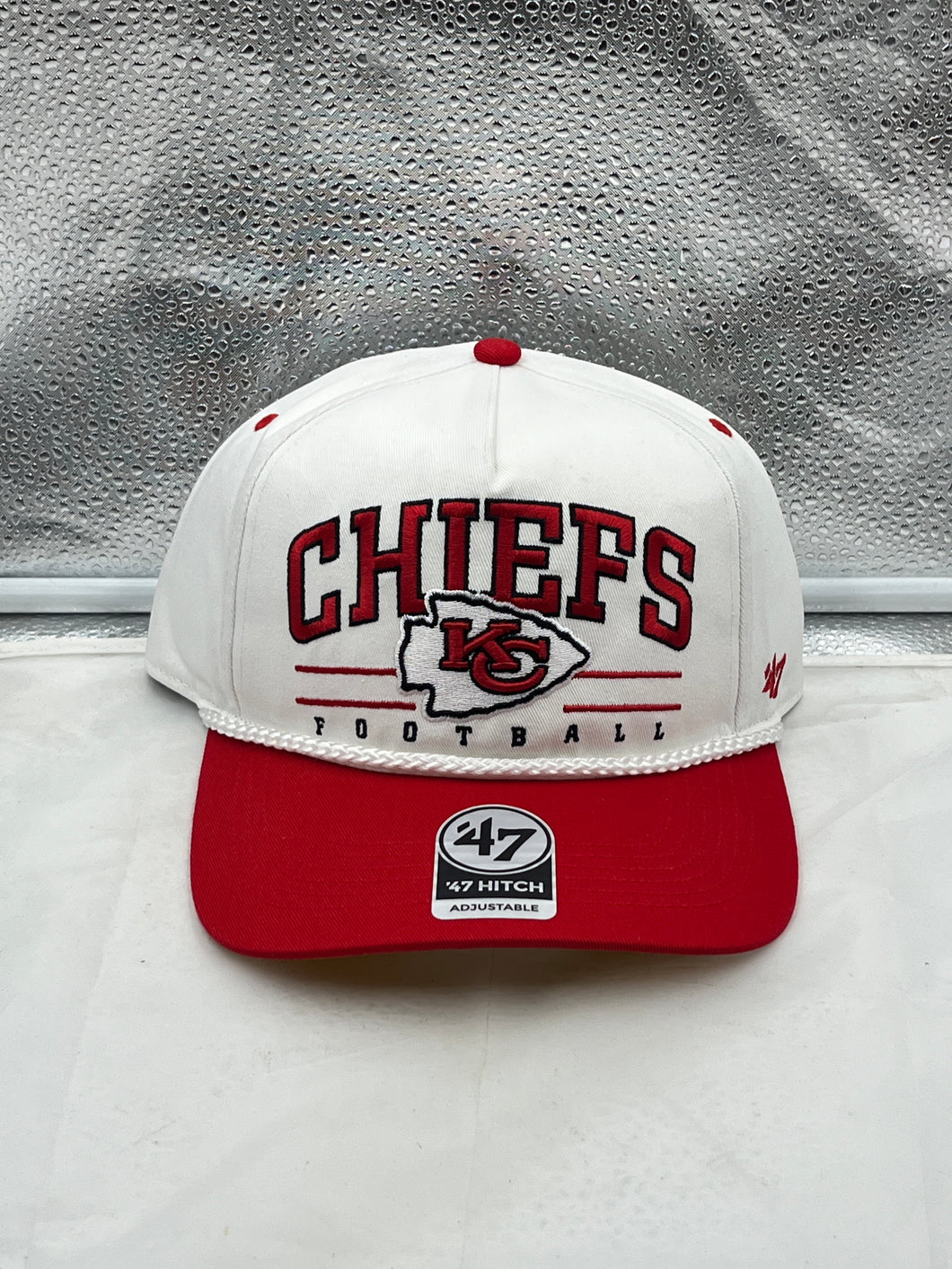 Kansas City Chiefs NFL '47 White TT Roscoe Hitch Rope Snapback Adjustable Hat showing the iconic Chiefs logo and stylish rope detail.