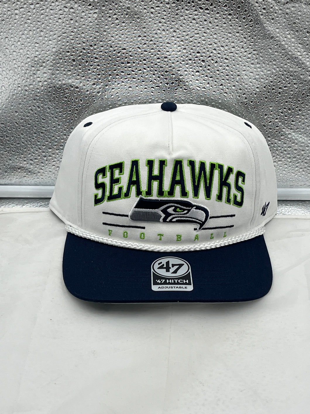Seattle Seahawks NFL '47 White TT Roscoe Hitch Rope Snapback Adjustable Hat showcasing its stylish design and vibrant colors with a trendy rope detail.