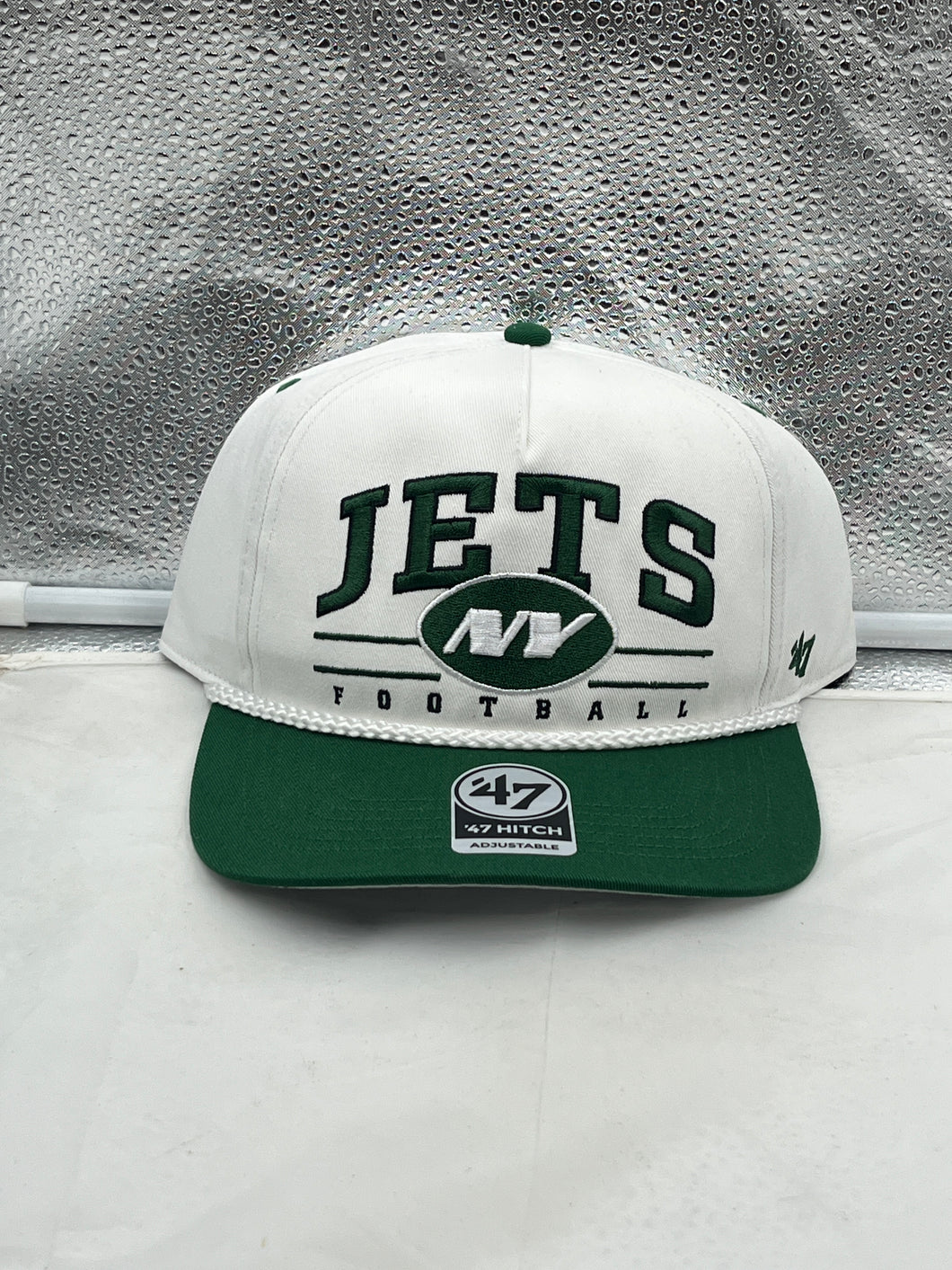 New York Jets NFL '47 White TT Roscoe Hitch Rope Snapback Adjustable Hat displaying team pride with a stylish design.