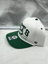 Load image into Gallery viewer, Close-up of New York Jets NFL &#39;47 White TT Roscoe Hitch Rope Snapback Adjustable Hat showcasing the adjustable snapback and rope detail.
