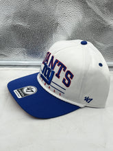 Load image into Gallery viewer, Close-up of the New York Giants NFL &#39;47 White TT Roscoe Hitch Rope Snapback Adjustable Hat showing intricate rope detail and adjustable strap.
