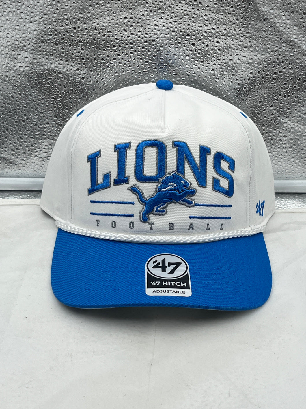 Detroit Lions NFL '47 White TT Roscoe Hitch Rope Snapback Adjustable Hat showcasing stylish rope detail and bold team colors.