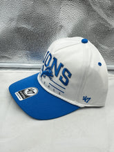 Load image into Gallery viewer, Close-up of the Detroit Lions NFL &#39;47 White TT Roscoe Hitch Rope Snapback Adjustable Hat emphasizing its adjustable snapback design and comfortable fit.

