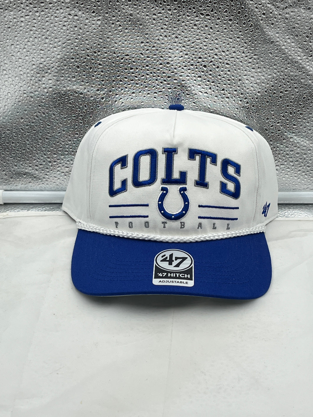 Indianapolis Colts NFL '47 White TT Roscoe Hitch Rope Snapback Adjustable Hat showcasing the iconic Colts logo and stylish rope detail.