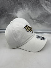 Load image into Gallery viewer, Side view of the UCF Golden Knights NCAA '47 Brand White Clean Up Adjustable Strapback Hat illustrating the adjustable strap for comfort.
