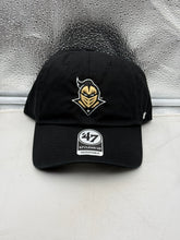 Load image into Gallery viewer, UCF Golden Knights NCAA '47 Brand Black Clean Up Adjustable Strapback Hat showcasing an embroidered logo on a sleek, stylish design.
