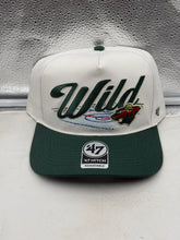 Load image into Gallery viewer, Minnesota Wild NHL '47 Brand White Two Tone Script Hitch Adjustable Snapback Hat showing the front view design with the stylish script logo, perfect for fans of the Minnesota Wild hat.

