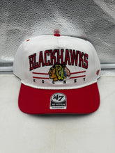 Load image into Gallery viewer, Chicago Blackhawks NHL '47 Brand White TT Hitch Rope Adjustable Snapback Hat displayed on a mannequin, showcasing the stylish design of this Chicago Blackhawks hat.
