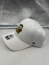 Load image into Gallery viewer, Close-up view of the Oregon Ducks NCAA '47 Brand White Clean Up Adjustable Strapback Hat, featuring the iconic Ducks logo.
