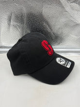 Load image into Gallery viewer, Back view of the Stanford Cardinal NCAA '47 Brand Black Clean Up Adjustable Strapback Hat demonstrating the strapback adjustment feature, suited for a custom fit for every Stanford Cardinal fan.
