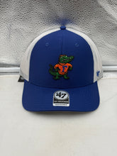 Load image into Gallery viewer, Front view of the Florida Gators NCAA '47 Brand Throwback Blue Trucker Adjustable Snapback Hat showcasing the vintage design and iconic team logo.
