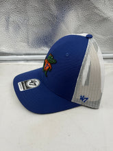 Load image into Gallery viewer, Side angle of the Florida Gators NCAA '47 Brand Throwback Blue Trucker Adjustable Snapback Hat featuring the breathable mesh back for comfort during warm weather.
