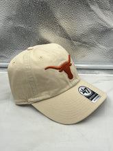 Load image into Gallery viewer, Close-up of Texas Longhorns NCAA &#39;47 Brand Natural Clean Up Adjustable Strapback Hat showing high-quality materials and relaxed fit.
