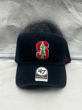Load image into Gallery viewer, Stanford Cardinal NCAA &#39;47 Brand Black Clean Up Adjustable Strapback Hat displayed on a table, showcasing its logo and adjustable strap design.
