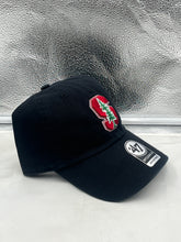 Load image into Gallery viewer, Stanford Cardinal NCAA &#39;47 Brand Black Clean Up Adjustable Strapback Hat styled with casual outfits, demonstrating versatility for everyday wear.
