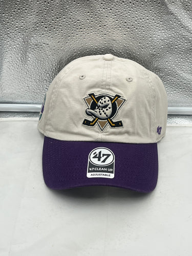 Anaheim Ducks NHL '47 Brand Throwback Natural Two Tone Clean Up Adjustable Hat displayed against a neutral background, showcasing its classic two-tone color scheme.