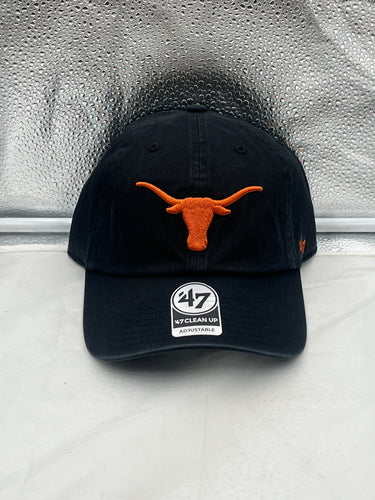 Texas Longhorns NCAA '47 Brand Black Clean Up Adjustable Strapback Hat displayed from the front, showcasing the iconic logo and stylish design.