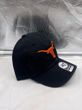 Load image into Gallery viewer, Texas Longhorns NCAA &#39;47 Brand Black Clean Up Adjustable Strapback Hat on a white background, emphasizing its sleek and versatile design for casual wear.
