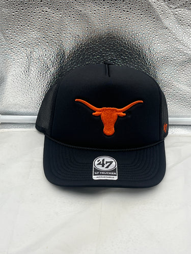 Texas Longhorns NCAA '47 Brand Black Foam Trucker Mesh Adjustable Snapback Hat with iconic logo for game day or casual wear.