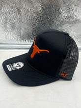 Load image into Gallery viewer, Side view of Texas Longhorns NCAA &#39;47 Brand Black Foam Trucker Mesh Adjustable Snapback Hat showcasing the breathable mesh design.
