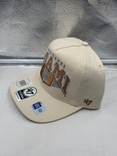 Load image into Gallery viewer, Front view of the Miami Hurricanes NCAA '47 Brand Natural Script Hitch Adjustable Snapback Hat, featuring the iconic logo that represents the Miami Hurricanes hat.
