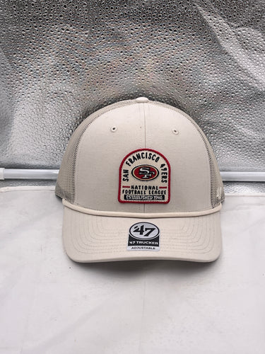 San Francisco 49ers NFL '47 Brand Bone Trucker Adjustable Hat showcasing its stylish design with the iconic team logo.