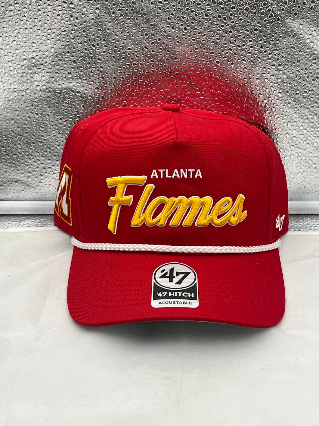 Atlanta Flames NHL '47 Throwback Red Script Hitch Rope Adjustable Snapback Hat showcasing vibrant red color and classic script design.
