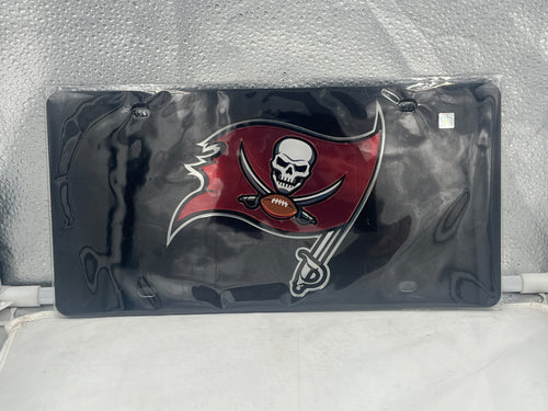 Tampa Bay Buccaneers NFL Black Laser Cut License Plate from WinCraft, featuring a detailed laser-cut design of the Buccaneers logo, perfect for showcasing team spirit on your vehicle.