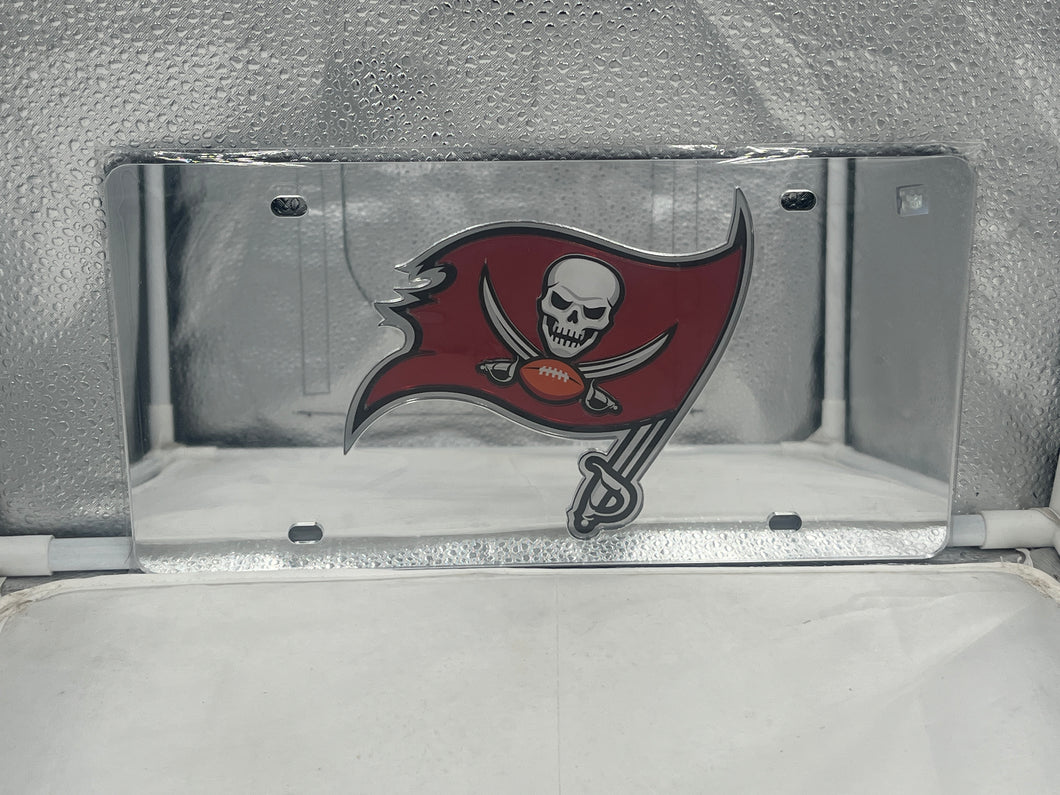 Tampa Bay Buccaneers NFL Silver Reflective Lasercut License Plate by WinCraft, featuring a silver reflective design with the iconic Buccaneers logo, perfect for showing team spirit on your vehicle.