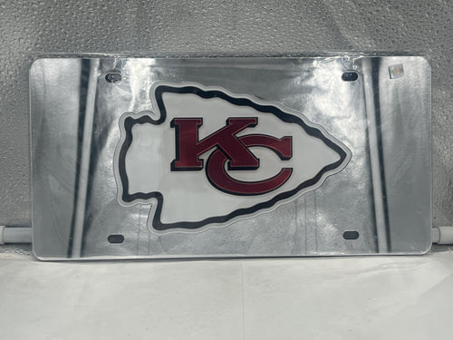 Kansas City Chiefs NFL Silver Reflective Lasercut License Plate by WinCraft showcasing the team logo and stunning silver reflective finish, perfect for vehicle display or home decoration.