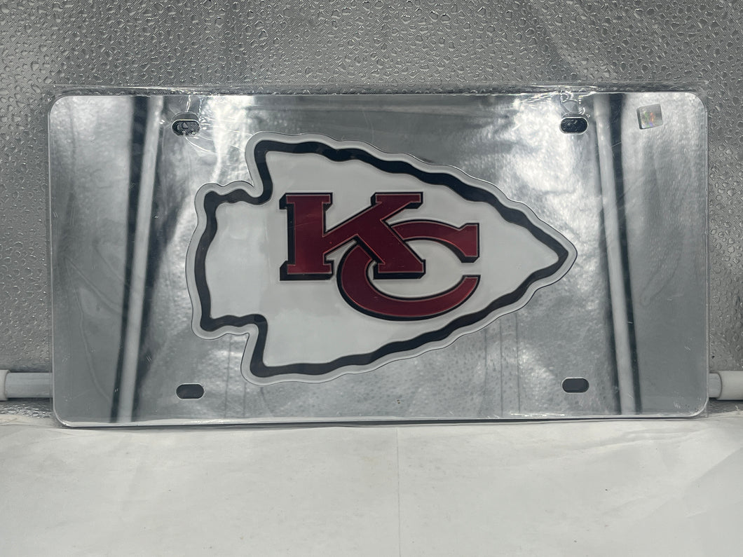 Kansas City Chiefs NFL Silver Reflective Lasercut License Plate by WinCraft showcasing the team logo and stunning silver reflective finish, perfect for vehicle display or home decoration.