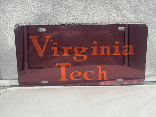 Virginia Tech Hokies NCAA Red Mirrored Laser Cut License Plate by Craftique showcasing vibrant red color and laser-cut design, perfect for fans and alumni.