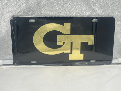 Georgia Tech Yellow Jackets NCAA Black Mirrored LaserCut License Plate by Craftique showcasing durable construction and elegant design, perfect for displaying team spirit on vehicles.