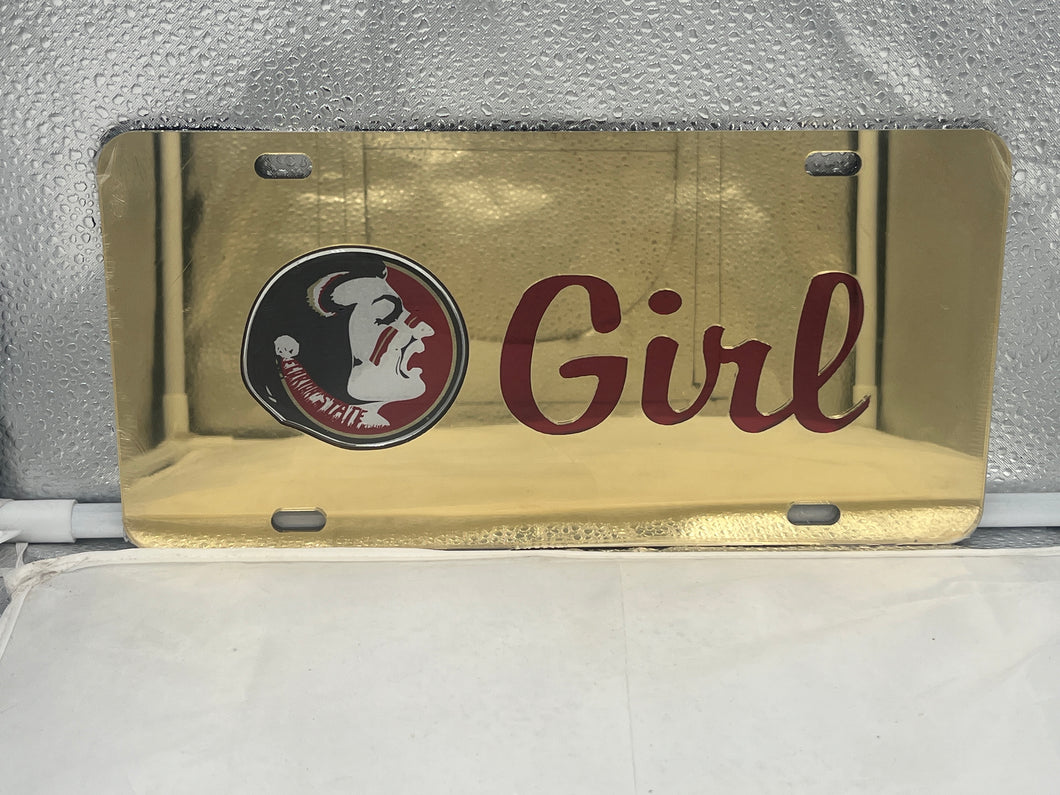 Florida State Seminoles FSU NCAA Gold Mirrored Laser Cut License Plate by Craftique showcases a stunning gold mirrored finish and precise laser-cut FSU logo, perfect for fan vehicles.