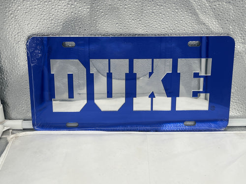 Duke Blue Devils NCAA Blue Mirrored Laser Cut License Plate from Craftique, showcasing the iconic logo with a stunning mirrored finish, perfect for displaying team pride on your vehicle.