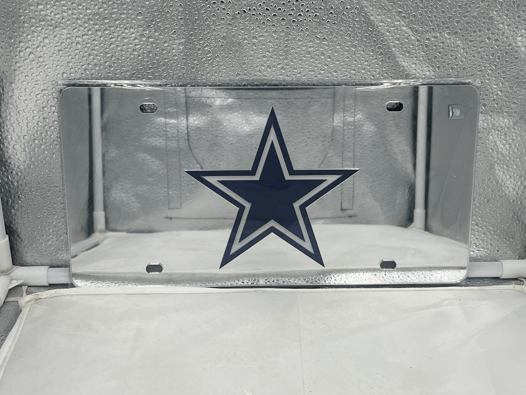 Dallas Cowboys NFL Silver Reflective Lasercut License Plate by WinCraft, showcasing high-quality lasercut design and durable build for vehicle display.