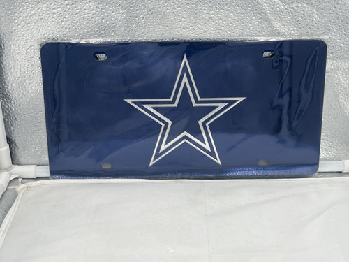 Dallas Cowboys NFL Blue Reflective Lasercut License Plate by WinCraft, showcasing vibrant blue color and iconic Cowboys star logo design, perfect for any fan's vehicle.