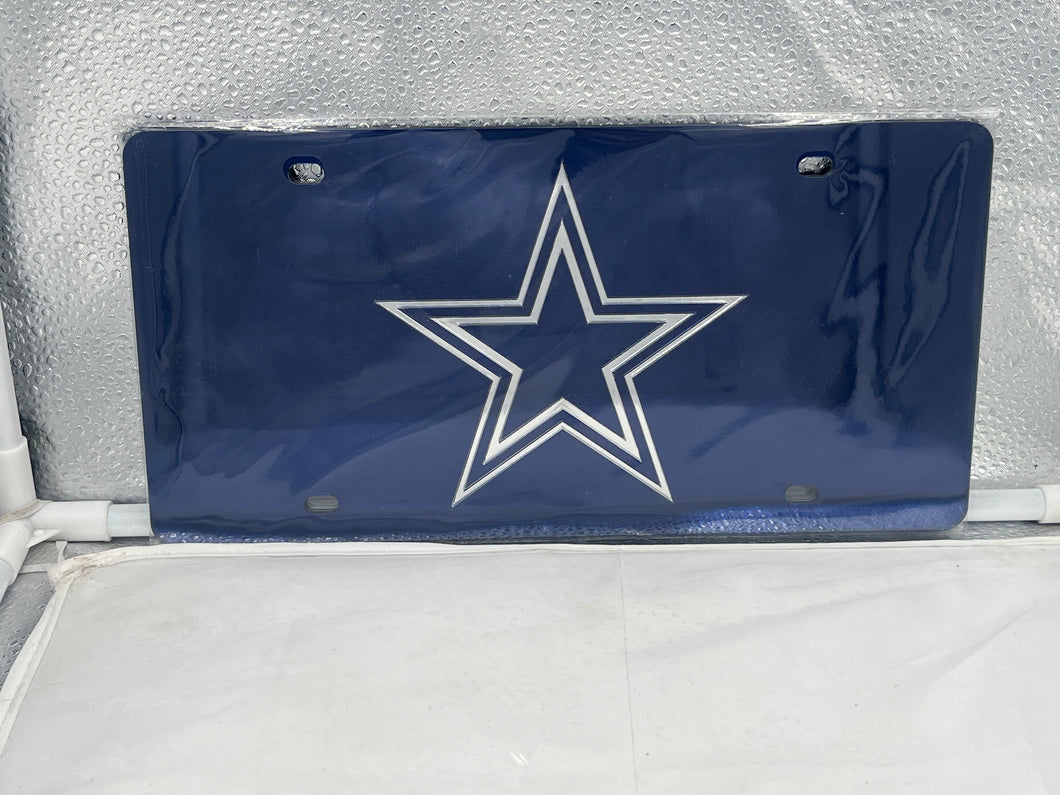 Dallas Cowboys NFL Blue Reflective Lasercut License Plate by WinCraft, showcasing vibrant blue color and iconic Cowboys star logo design, perfect for any fan's vehicle.