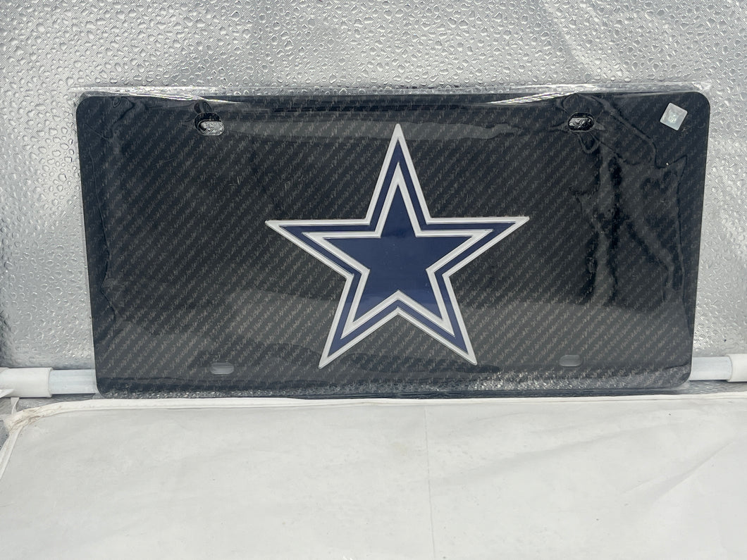Dallas Cowboys NFL Black Acrylic Lasercut License Plate by WinCraft, showcasing the iconic team logo in a sleek black design, perfect for adding team spirit to your vehicle.