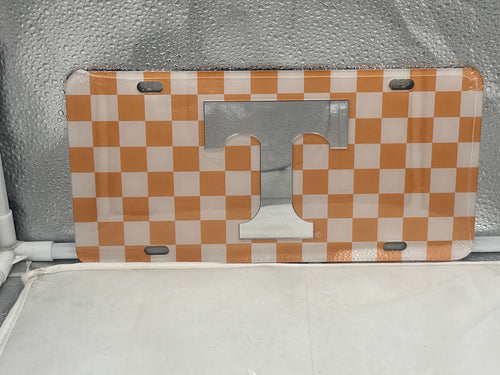 Tennessee Volunteers NCAA Checkerboard Mirrored LaserCut License Plate by Craftique, showcasing team colors and checkerboard design, perfect for fans to display their pride on vehicles.