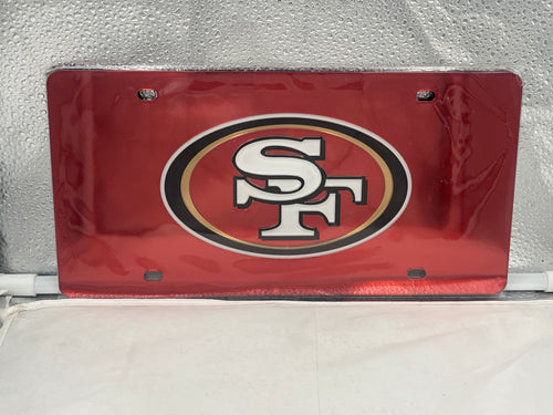 San Francisco 49ers NFL Red Reflective Lasercut License Plate from Wincraft featuring the iconic logo, vibrant red color, and sleek design, perfect for showcasing team spirit on your vehicle.